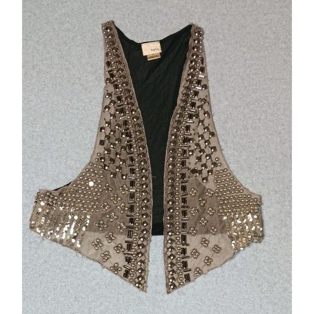 Daytrip Y2K Embellished Mesh Open Front Fly Away Vest S Black Bronze Grunge Rave